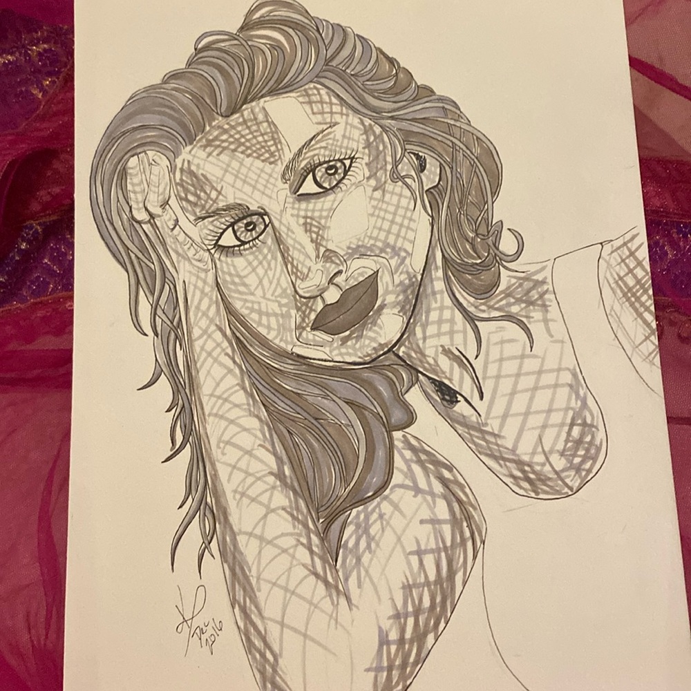 Unframed Original Art Drawing Illustration Portrait in Grey Marker Portraiture